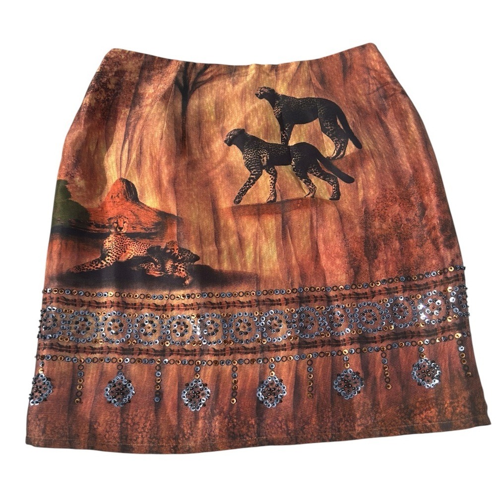 Silk Club Petite Silk Skirt Cheetah Animal Print Sequin‎ Embellished P/8